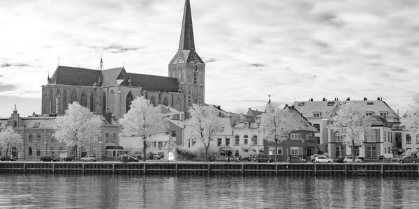 A church on a river in the Netherlands